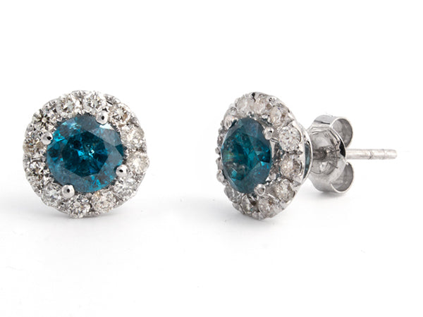 Blue Diamond Halo Stud Earrings — Bendor Jewelry, Los Angeles
